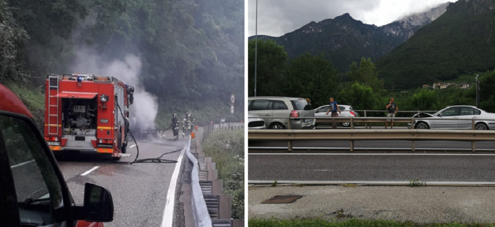 Doppio incidente e traffico in tilt a Trento: un'auto si incendia sulla Gardesana