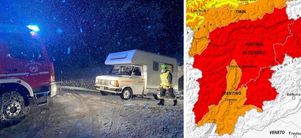“Con neve fresca e vento tempestoso forte pericolo di valanghe”, allerta rossa sul Trentino-Alto Adige