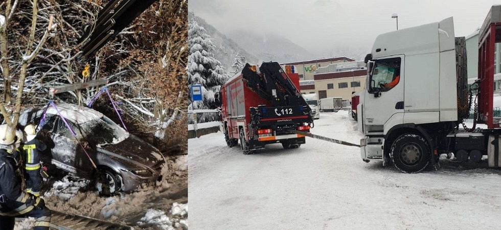 Maltempo, mezzi pesanti bloccati dalla neve e auto fuori strada