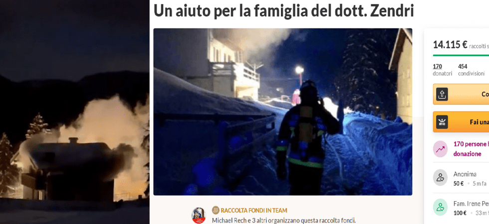 Casa divorata dalle fiamme a Folgaria, in un giorno raccolti 14 mila euro per aiutare la famiglia Zendri