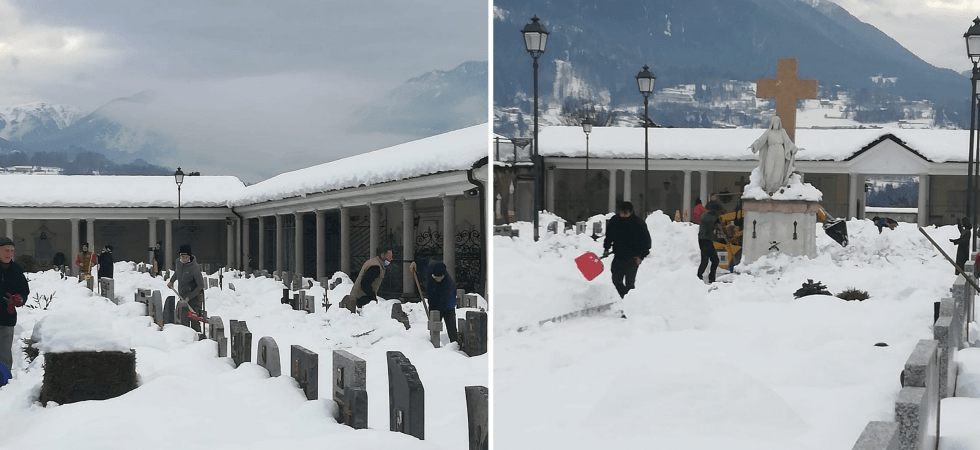 I volontari si armano di pale e liberano dalla neve i vialetti di cimitero e asilo