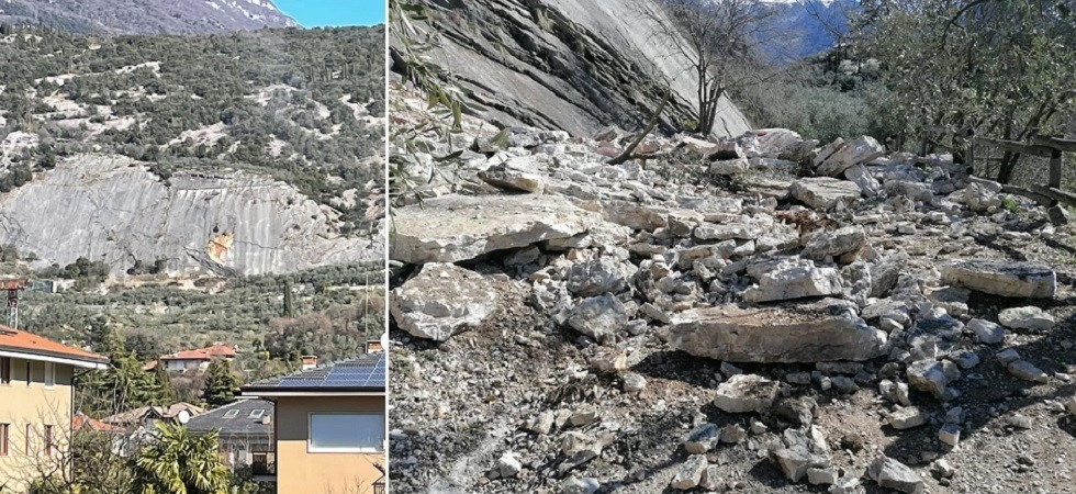 Un boato e si staccano 80 metri cubi di roccia che piombano a valle, frana nell'Alto Garda