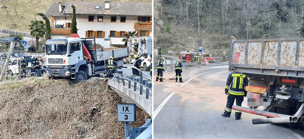 Perde il controllo del camion, distrugge il guardrail e finisce in bilico sul torrente: intervengono i vigili del fuoco