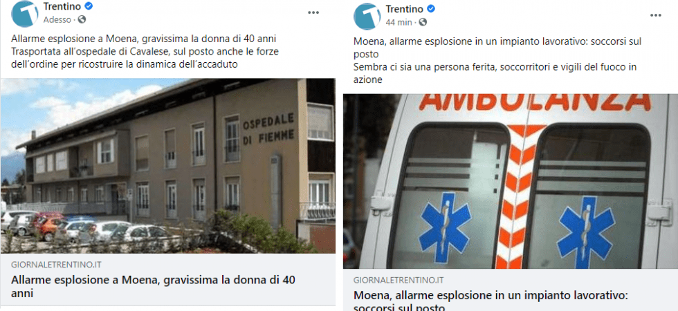 La notizia che ci sarebbe una donna in fin di vita a Moena dopo un'esplosione è falsa