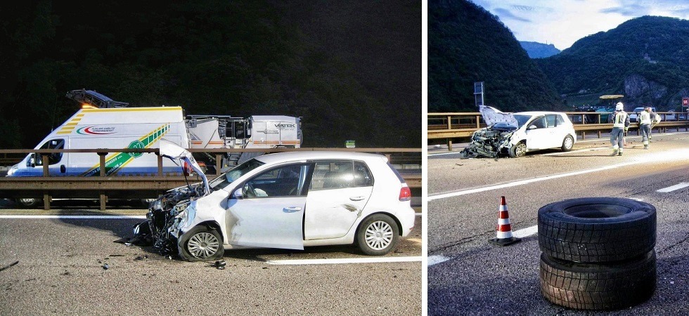 In corsa sull'A22 perde due pneumatici che finiscono addosso a un'auto: ferita un'intera famiglia