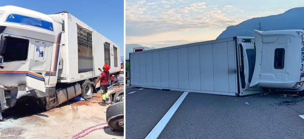 Incidente in A22, un autoarticolato pieno di carne si ribalta e blocca un'intera corsia dell'autostrada