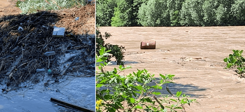 L'Adige in piena, il fiume restituisce i rifiuti: dalle bottiglie di plastica alle lattine, dai sacchetti ai fusti di metallo