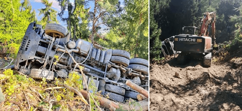 Perde il controllo del camion, esce di strada e si ribalta