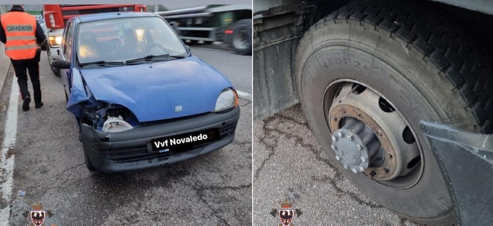 Paura sulla SS47, un camion perde la ruota che finisce contro un'auto