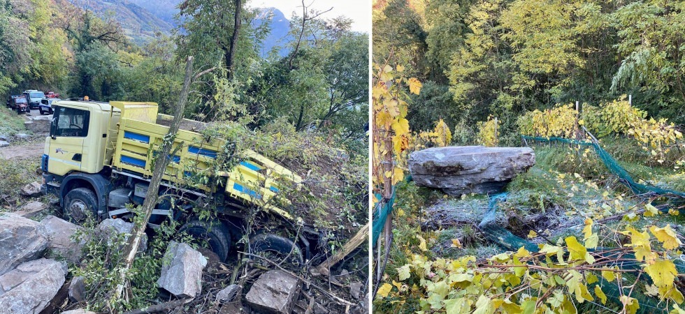 Frana vicino alla galleria, i pezzi di roccia travolgono un camion