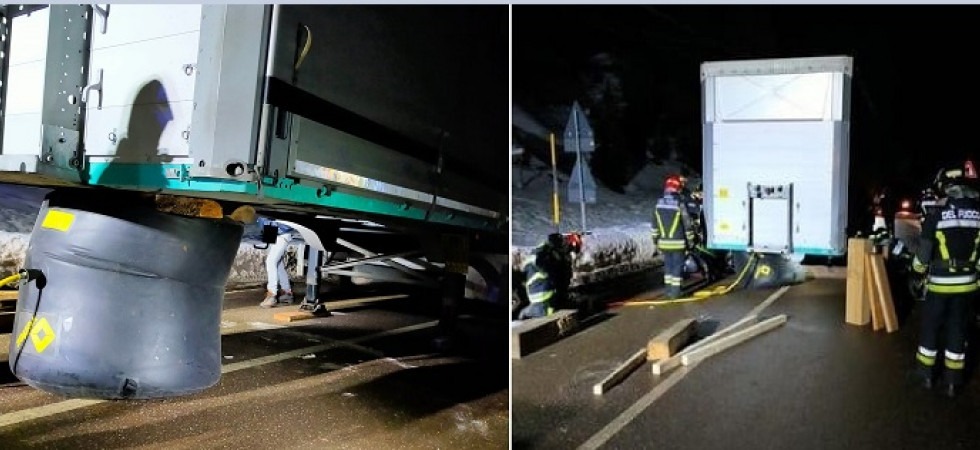 Paura a passo del Tonale, si stacca il rimorchio di un mezzo pesante e finisce in mezzo alla strada