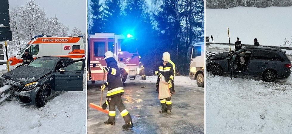 L'auto scivola sul fondo innevato e finisce contro il guard rail, i pompieri: “Fondamentali attrezzature invernali”