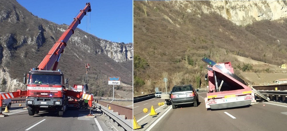 Autoarticolato perde il carico sulla tangenziale: emergenza risolta e traffico nuovamente scorrevole a Trento