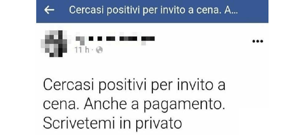 Covid-19, il post no-vax sui social: “Cercasi positivi per invito a cena, anche a pagamento”