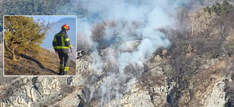 Fiamme nell'area boschiva tra Pomarolo e Pedersano, vigili del fuoco in azione ed interviene anche l'elicottero