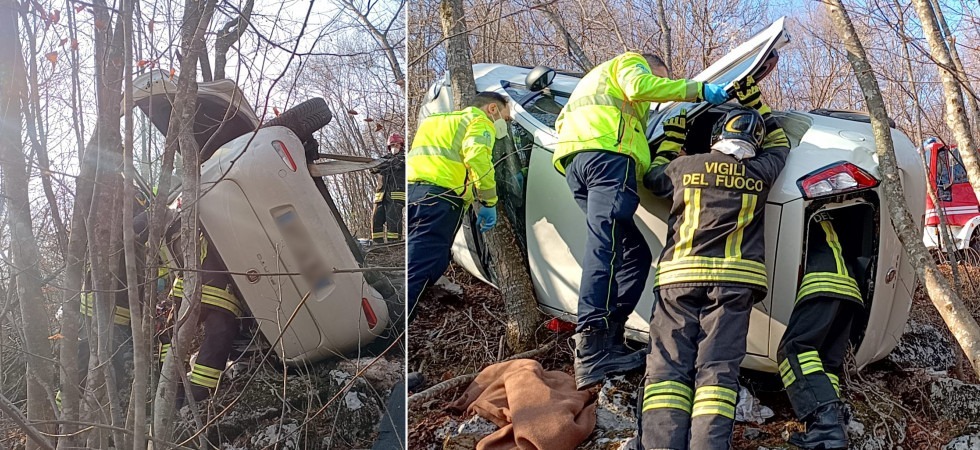 Perde il controllo dell'auto e finisce nella scarpata, salvato dagli alberi che hanno bloccato il mezzo
