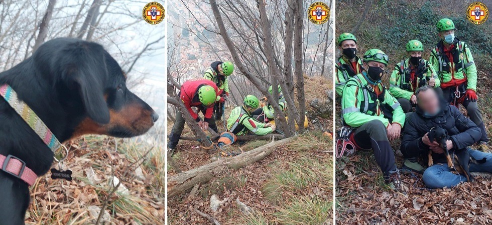 La cagnolina era scappata e finita in un ripido canale, un operatore del soccorso alpino si cala 70 metri e salva Neva