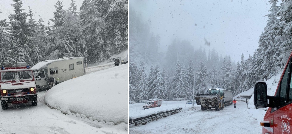 Camper e mezzi pesanti bloccati dalla neve senza attrezzature invernali, vigili del fuoco in azione