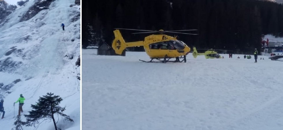 Mentre scala una cascata ghiacciata dall'alto cade una lastra di ghiaccio che lo colpisce all'occhio
