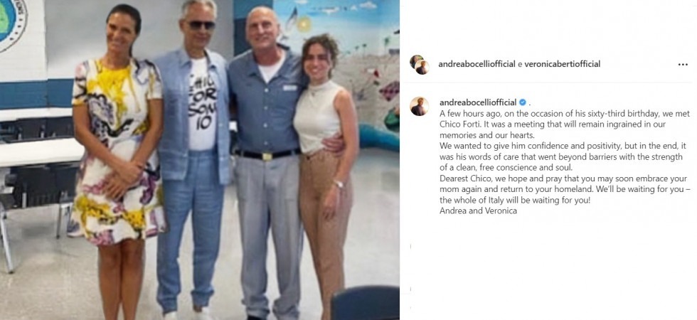 Chico Forti, Bocelli gli fa visita in carcere: "Tutta l'Italia ti aspetta"