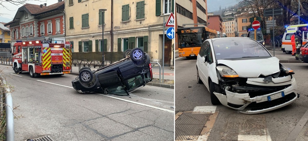 Schianto in piazza Centa a Trento, un'auto si è ribaltata