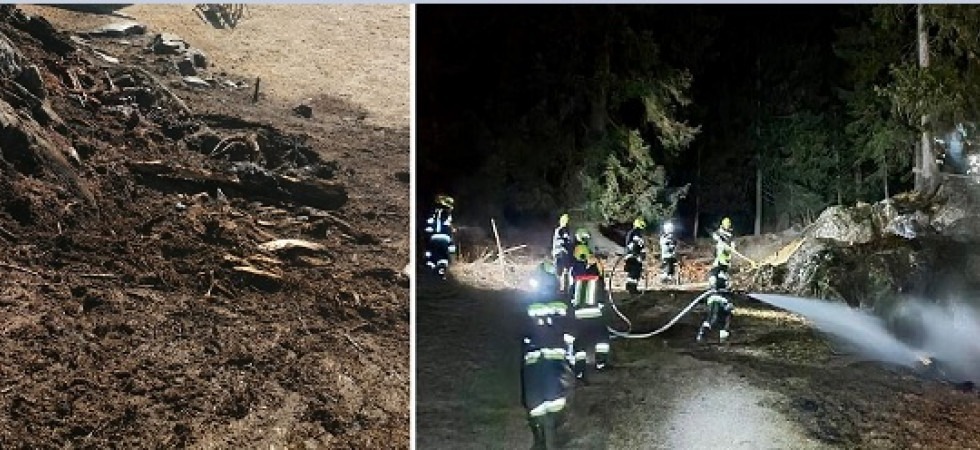 Incendio in un luogo impervio, i vigili del fuoco arrivano a piedi portandosi il materiale a spalla