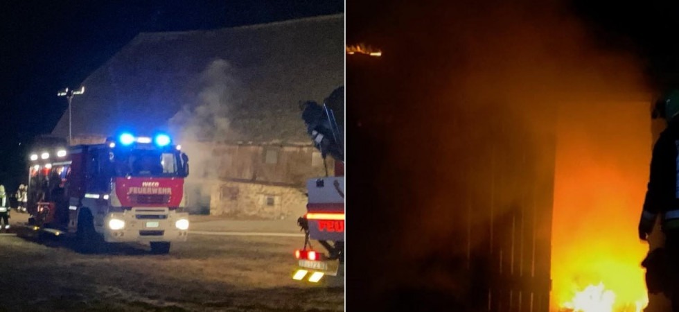 Incendio nella notte, fiamme all'interno di un fienile