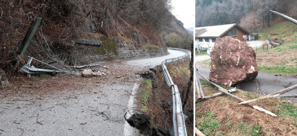Un enorme masso crolla, sfonda le reti di contenimento, il guardrail e danneggia l'asfalto (VIDEO E FOTO)