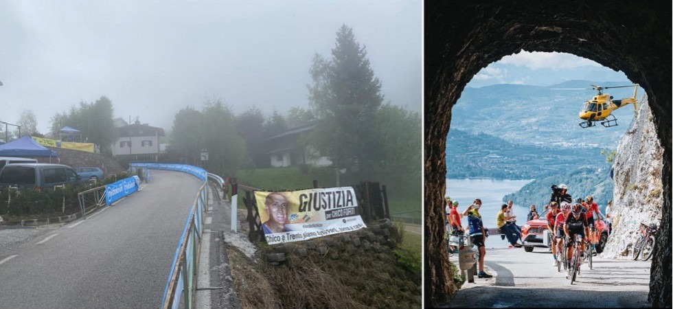 La salita del Menador vista da W la fuga tra scritte pro Chico Forti e un raduno per ciclisti: Preoccupati per i lavori''
