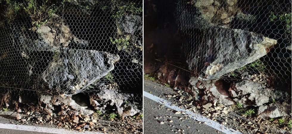 Smottamento sulla strada statale della Maza, pezzi grossi di roccia finiscono sulle reti paramassi