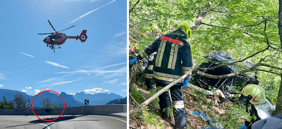 Foto Landesfeuerwehrverband Südtirol Centra le barriere new jersey e si ribalta nella scarpata
