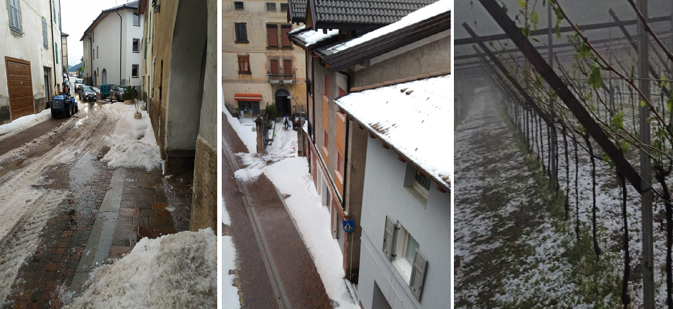 Come dopo una nevicata: mucchi di grandine a bordo strada e si contano i danni