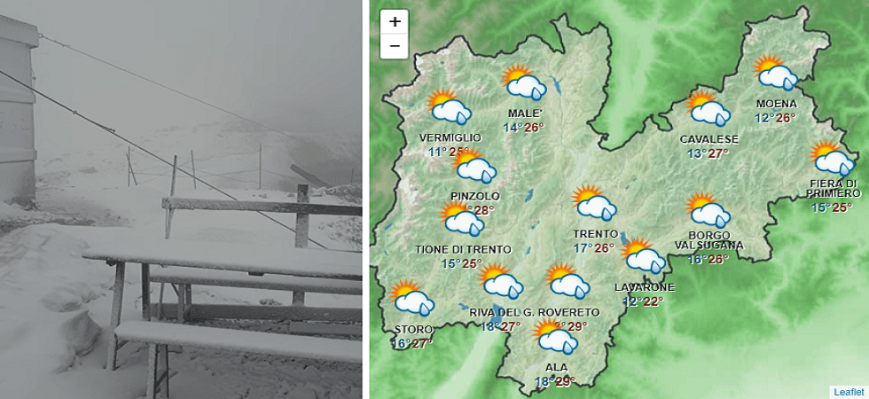 Maltempo, piove in valle e nevica in montagna: i fiocchi scendono a Punta Penia
