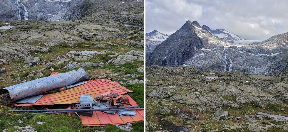 Davanti al Mandrone, lamiere e scarti di cantiere abbandonati da mesi rovinano uno panorama unico sul ghiacciaio