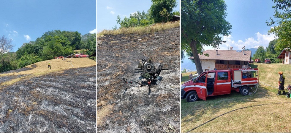 Si rovescia con la falciatrice, il macchinario prende fuoco e parte l'incendio