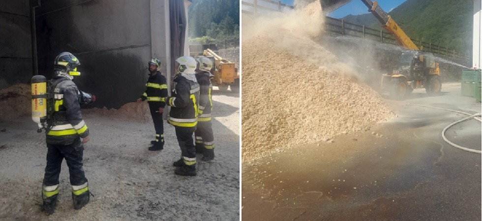 Un malfunzionamento provoca alcune scintille e la segatura in un silo prende fuoco: accorrono i vigili del fuoco