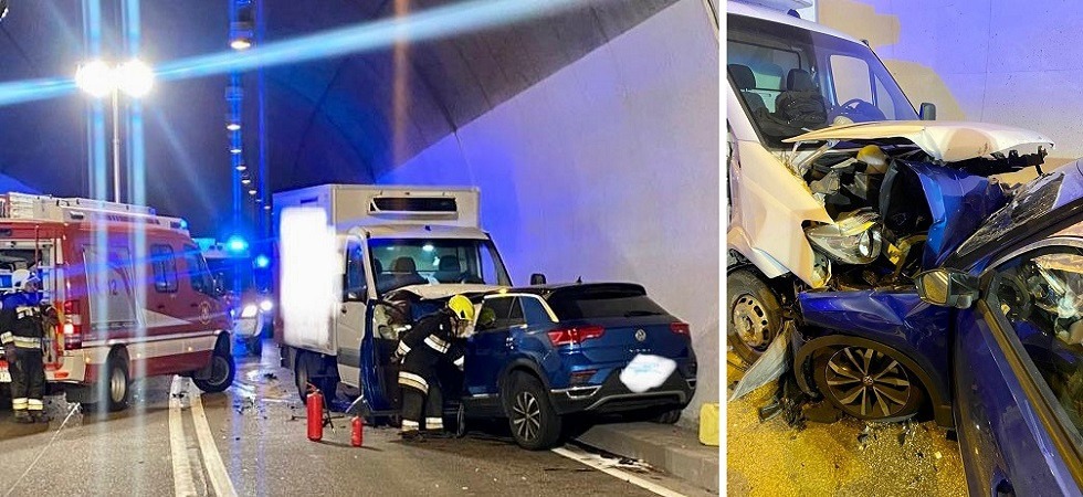 Terribile frontale in galleria tra un'auto e un furgone: trasportati in ospedale i feriti