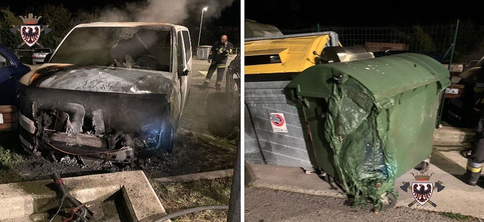 Foto Federazione dei vigili del fuoco volontari del Trentino Incendio nella notte in Valsugana: in fiamme un furgone ed un cassonetto, danneggiata anche un'altra vettura