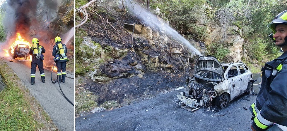 Le fiamme avvolgono un'auto e si propagano fino al bosco: sul posto l'intervento dei vigili del fuoco