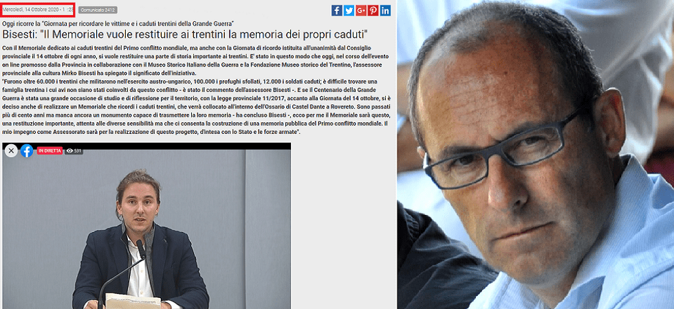 Un memoriale per i caduti trentini nella Grande Guerra, Rossi: L'ho proposto nel 2018