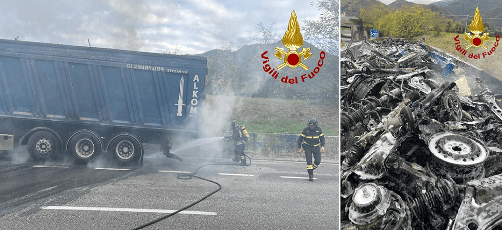 Fiamme dal rimorchio, il camionista si accorge e stacca la motrice