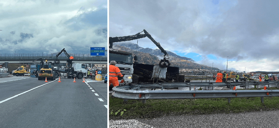 Il camion perde il container che si ribalta sulla carreggiata