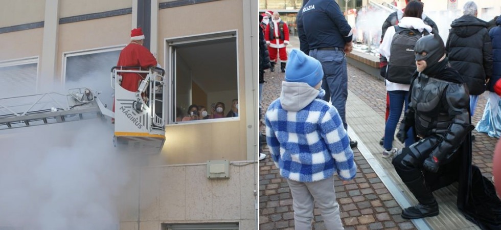 Babbo Natale arriva con l'autoscala per i bambini in ospedale