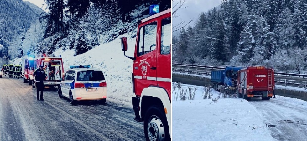 Un'auto ribaltata e mezzi pesanti bloccati, problemi sulle strade a causa della neve