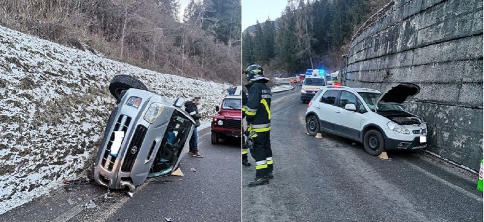 Schianto tra due auto, un mezzo finisce rovesciato su un lato contro la parete a bordo strada