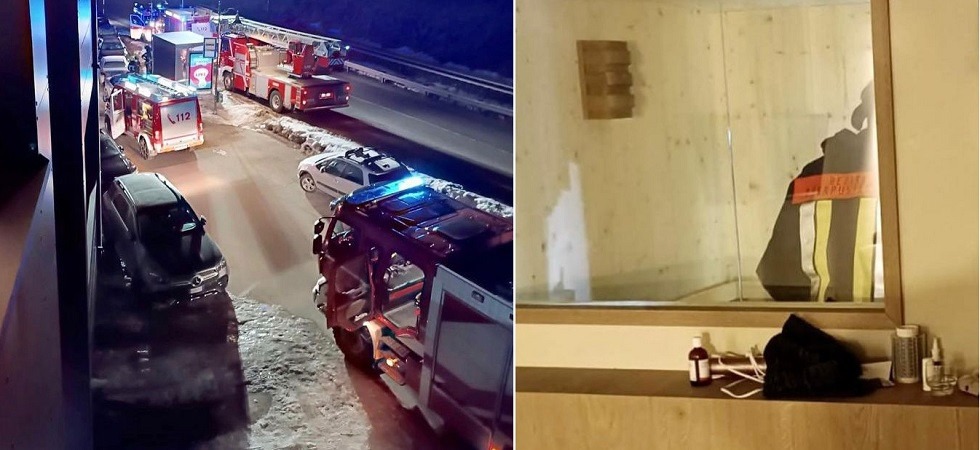 Principio d'incendio in un hotel, fumo nella zona sauna