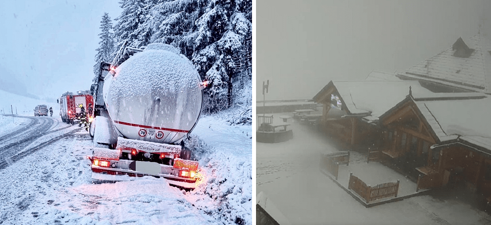In Trentino-Alto Adige torna la neve in quota, sui Passi non mancano i disagi: un camion cisterna è finito fuori strada