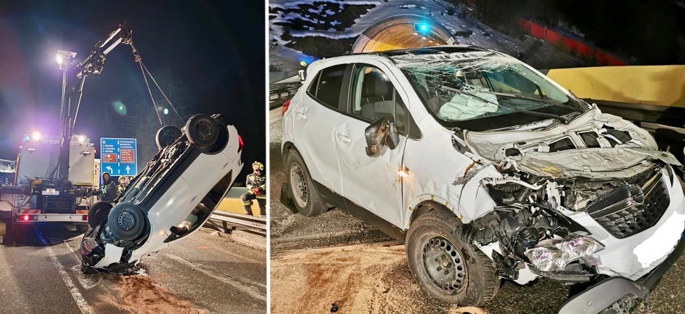 Esce dalla galleria finisce contro il guardrail per poi ribaltarsi, il violento schianto