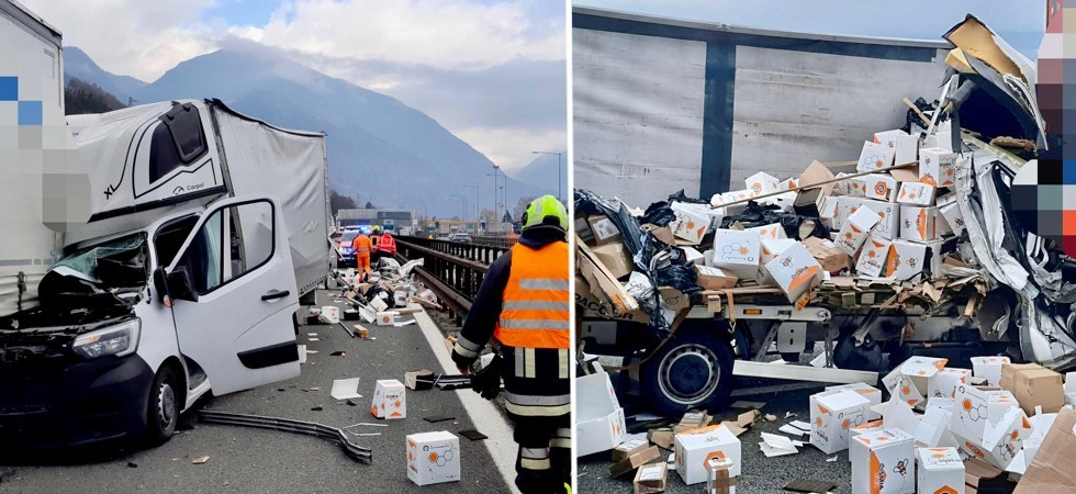 Un furgone si schianta contro un camion e perde il carico: pauroso incidente in A22
