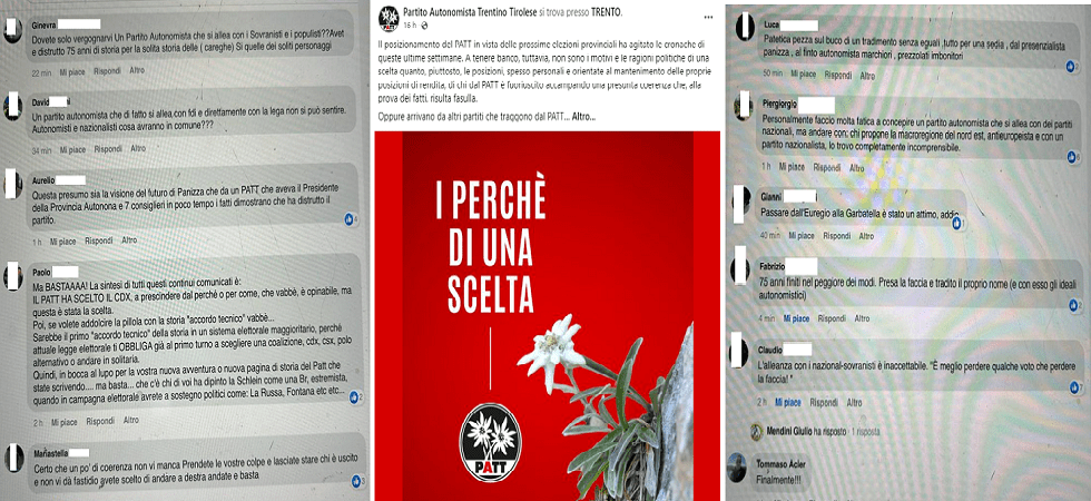 Il Patt comunica la svolta a destra, sulla pagina del partito piovono gli insulti ma chi dissente viene cancellato